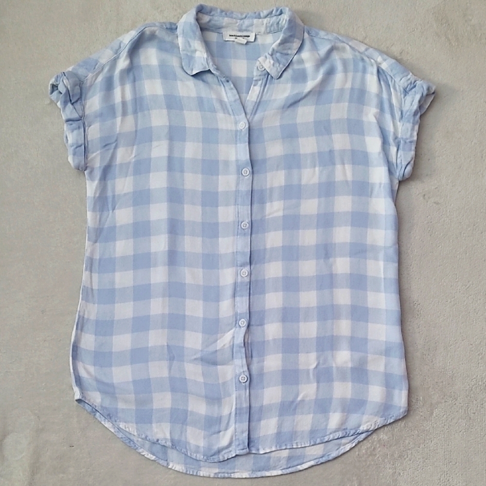 BeachLunchLounge Gingham Button Front Blouse Blue White Boho Lightweight M